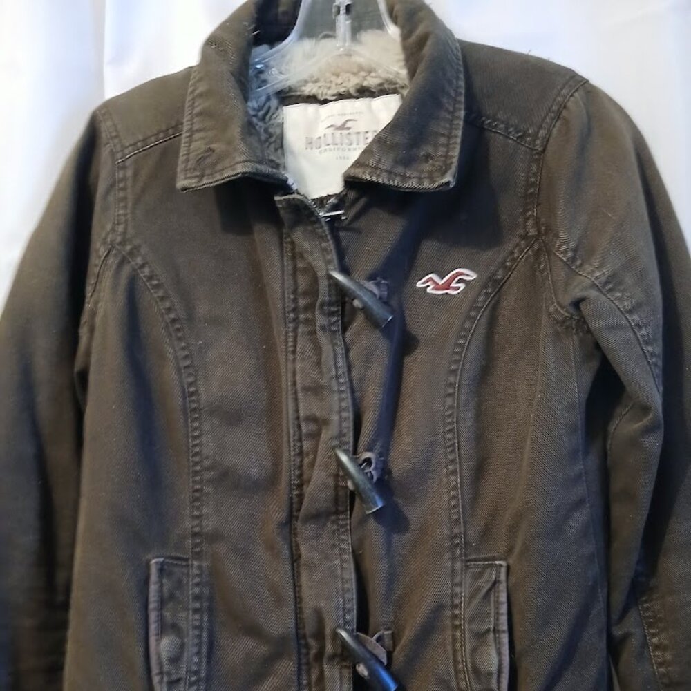 HOLLISTER Bomber Jacket Sherpa Fur Lined XS Brown Winter Coat Very warm & stylis - Picture 3 of 14